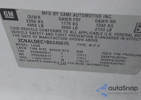 2011 Chevrolet Equinox 1Lt из США, поврежденный, VIN 2CNALDEC1B6249676